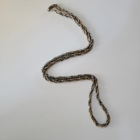 Elegant Vintage Two Tone Rope Chain Necklace in Silver and Gold Braided Design - Picture 7 of 10
